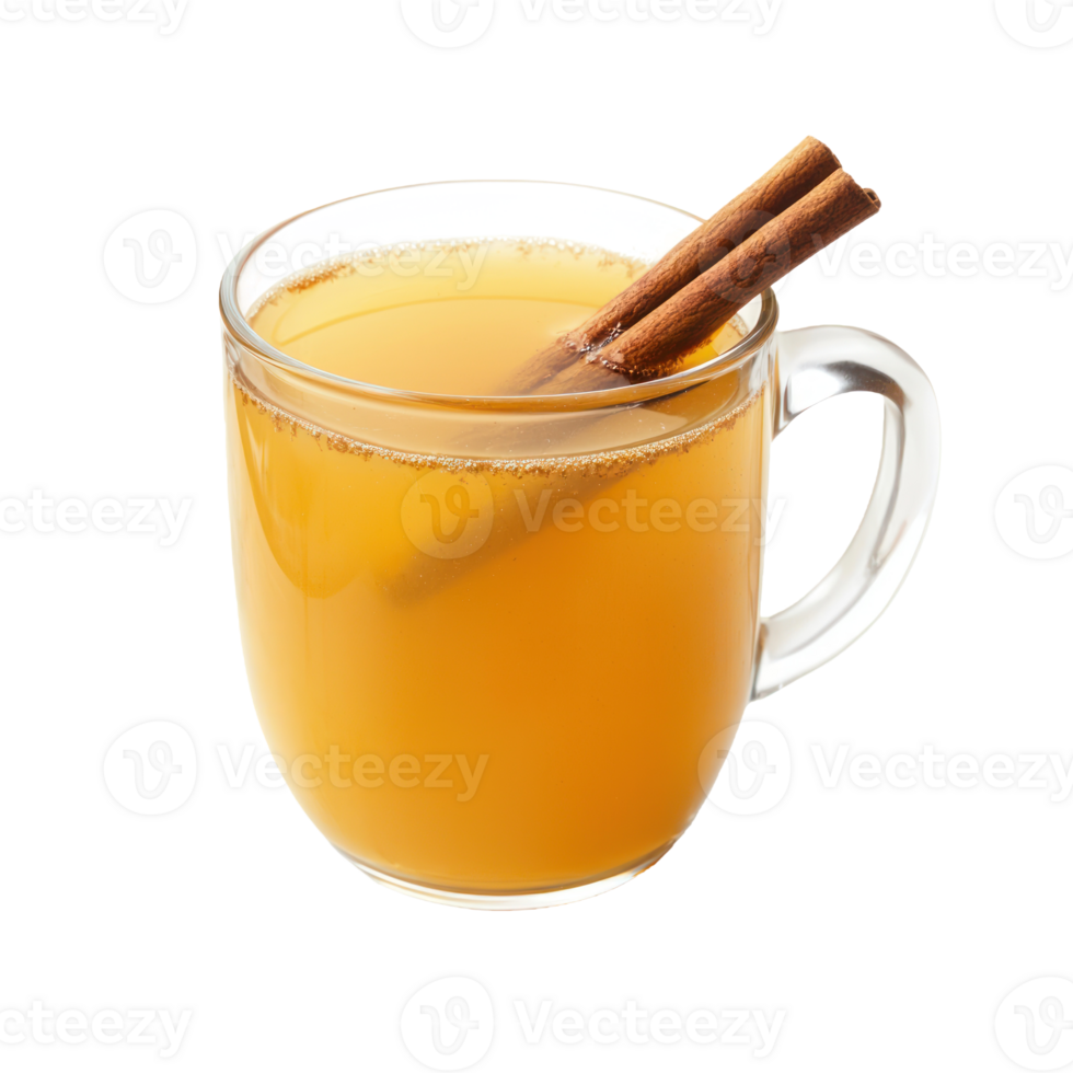 Glass mug of hot apple cider with a cinnamon stick isolate on transparent background png