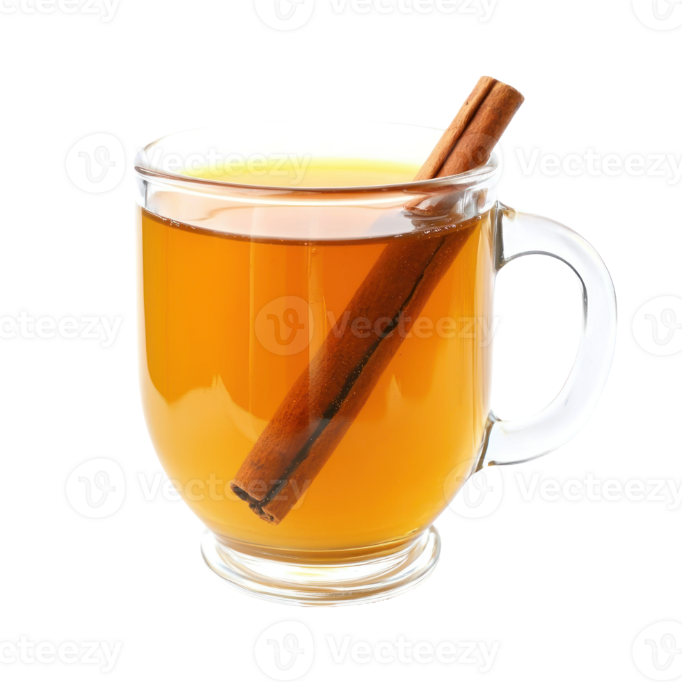 Glass mug of hot apple cider with a cinnamon stick front view isolate on transparent background png