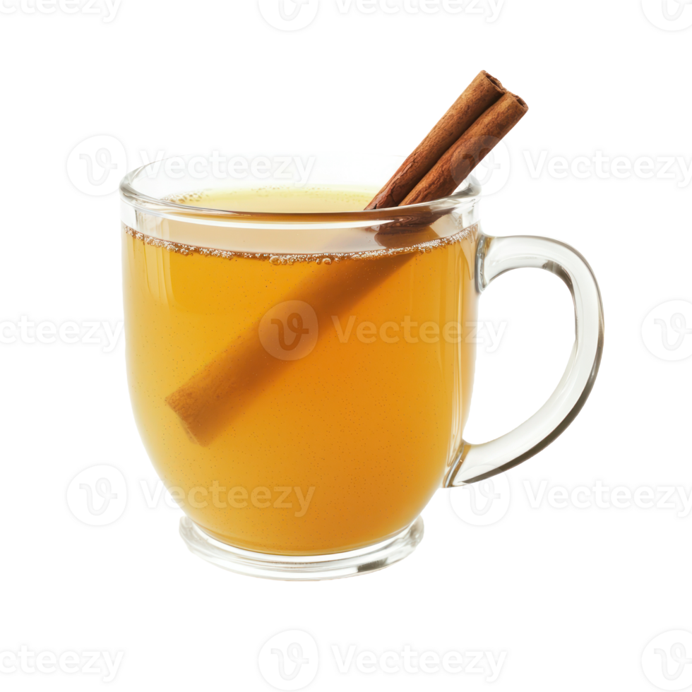 Glass mug of hot apple cider with a cinnamon stick isolate on transparent background png