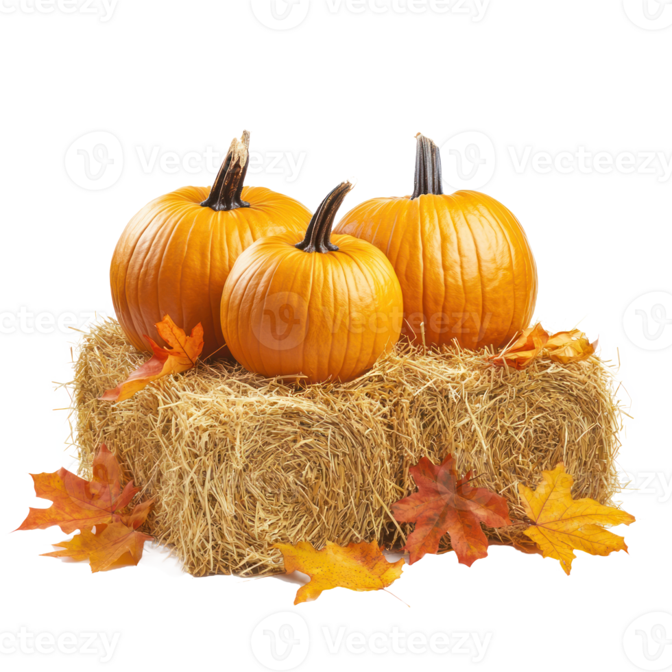 Pumpkins on hay bale with autumn leaves front view isolate on transparent background png