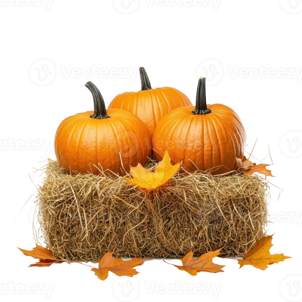 Pumpkins on hay bale with autumn leaves front view isolate on transparent background png