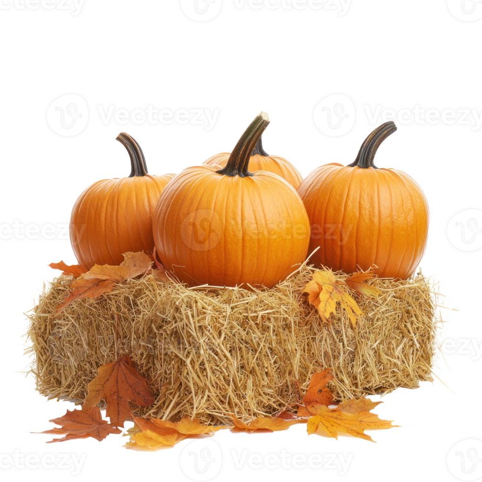 Pumpkins on hay bale with autumn leaves isolate on transparent background png