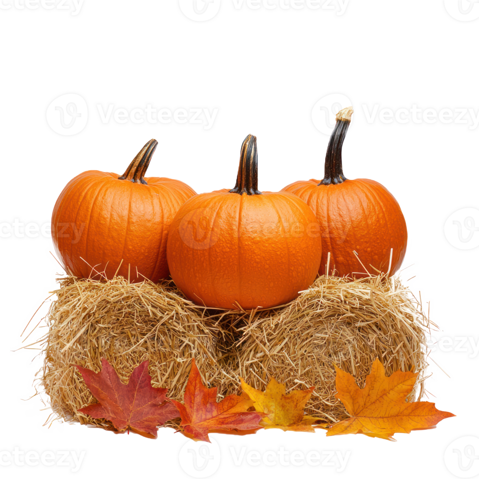 Pumpkins on hay bale with autumn leaves front view isolate on transparent background png