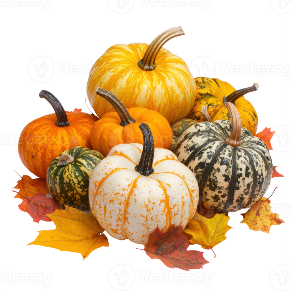 Colorful Pumpkins heap on autumn leaves isolate on transparent background png