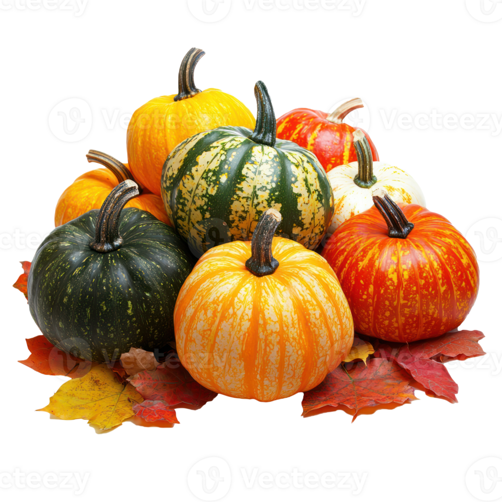 Colorful Pumpkins heap on autumn leaves isolate on transparent background png