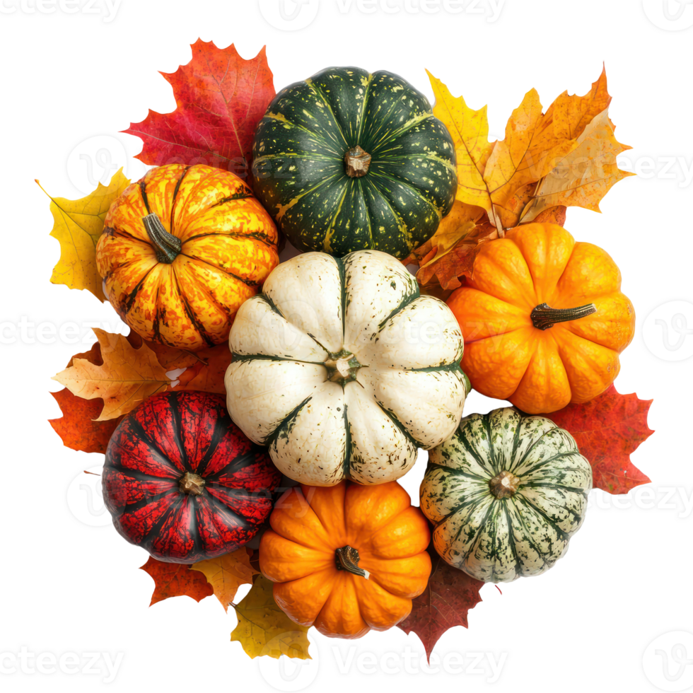 Colorful Pumpkins heap on autumn leaves top view isolate on transparent background png