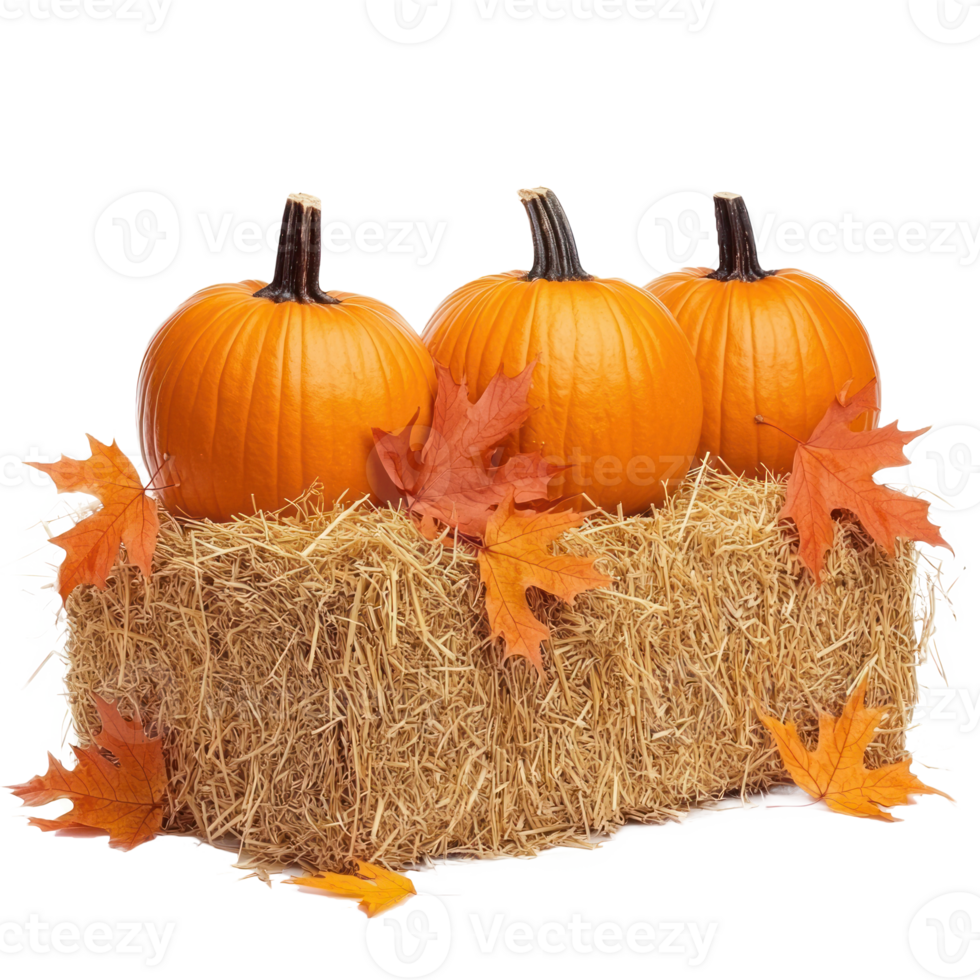 Pumpkins on hay bale with autumn leaves side view isolate on transparent background png