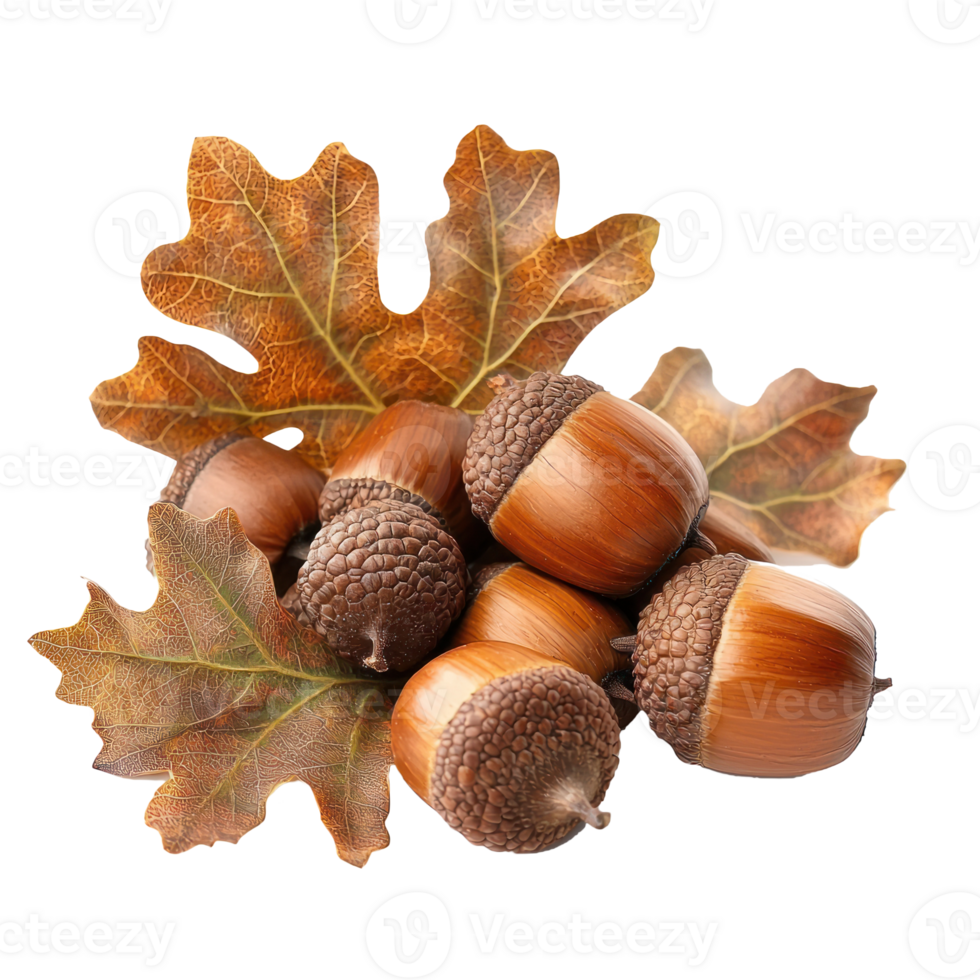 Acorns with Brown Oak Leaves isolate on transparent background png