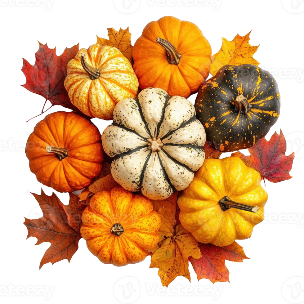 Colorful Pumpkins heap on autumn leaves top view isolate on transparent background png
