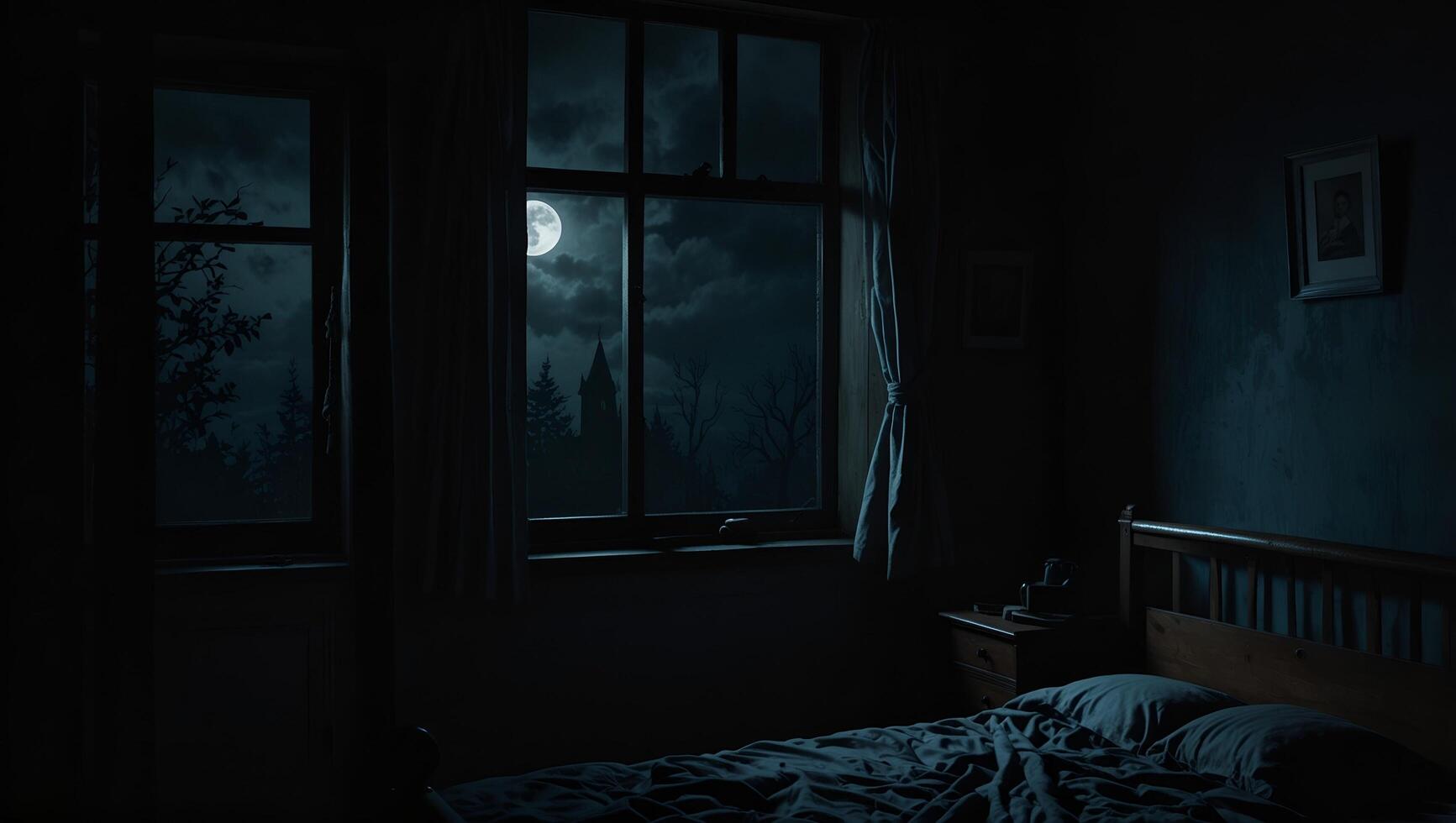 A bed in a dark room with a window and a full moon photo