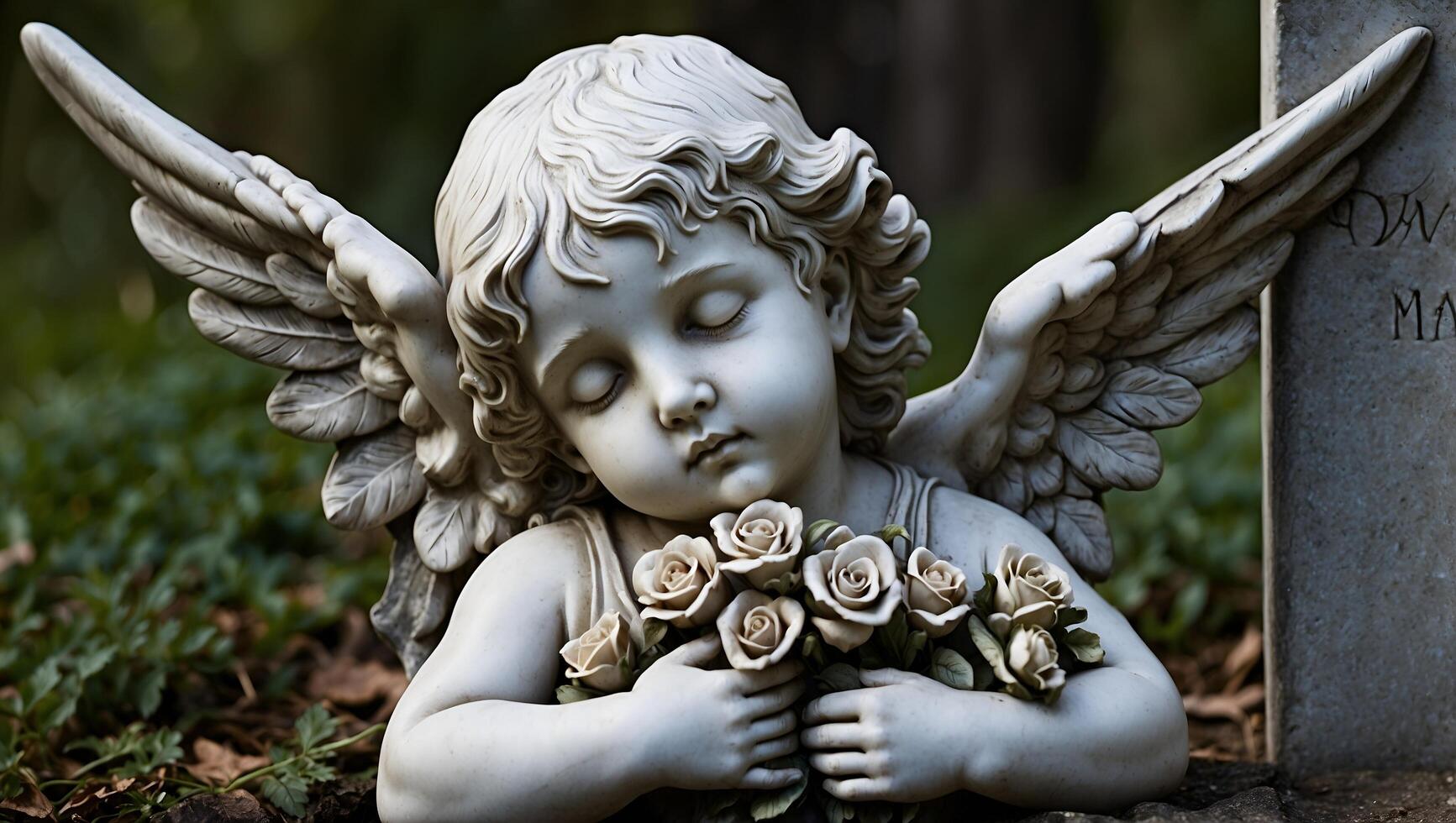 A statue of an angel holding flowers in front of a grave photo