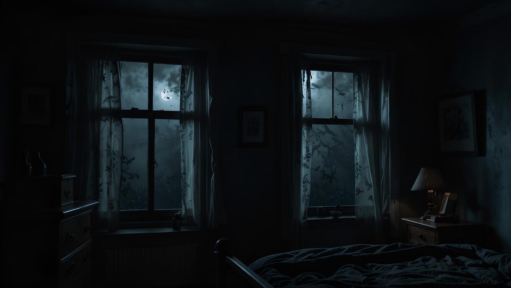 A dark room with a bed and a window photo