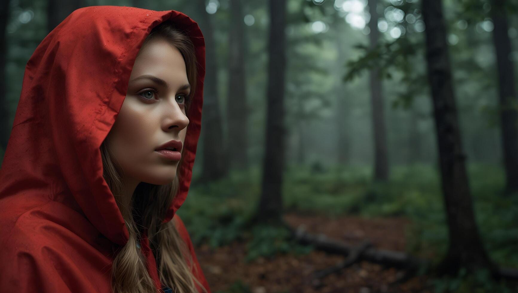 A woman in a red hooded jacket in the woods photo