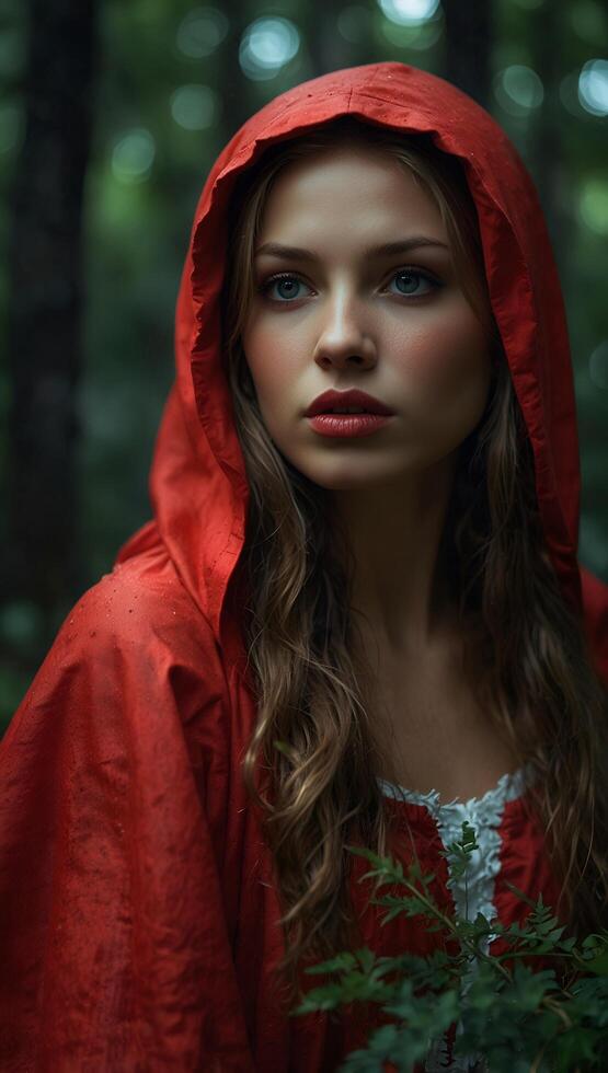 A woman in a red hooded cloak photo