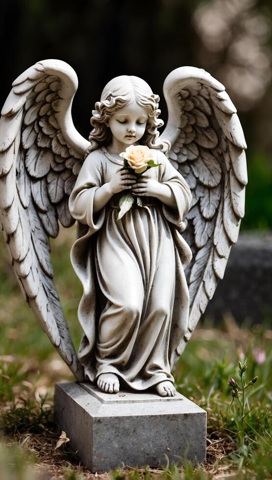 A statue of an angel holding a rose photo