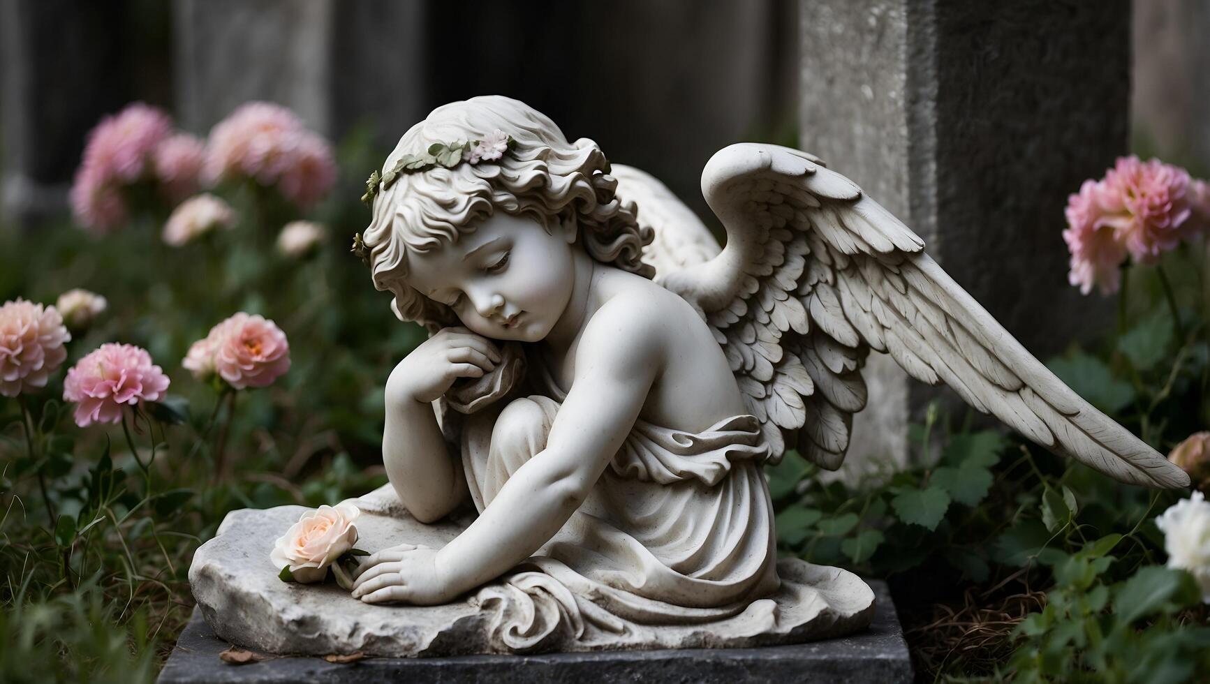 A statue of an angel sitting on a grave photo