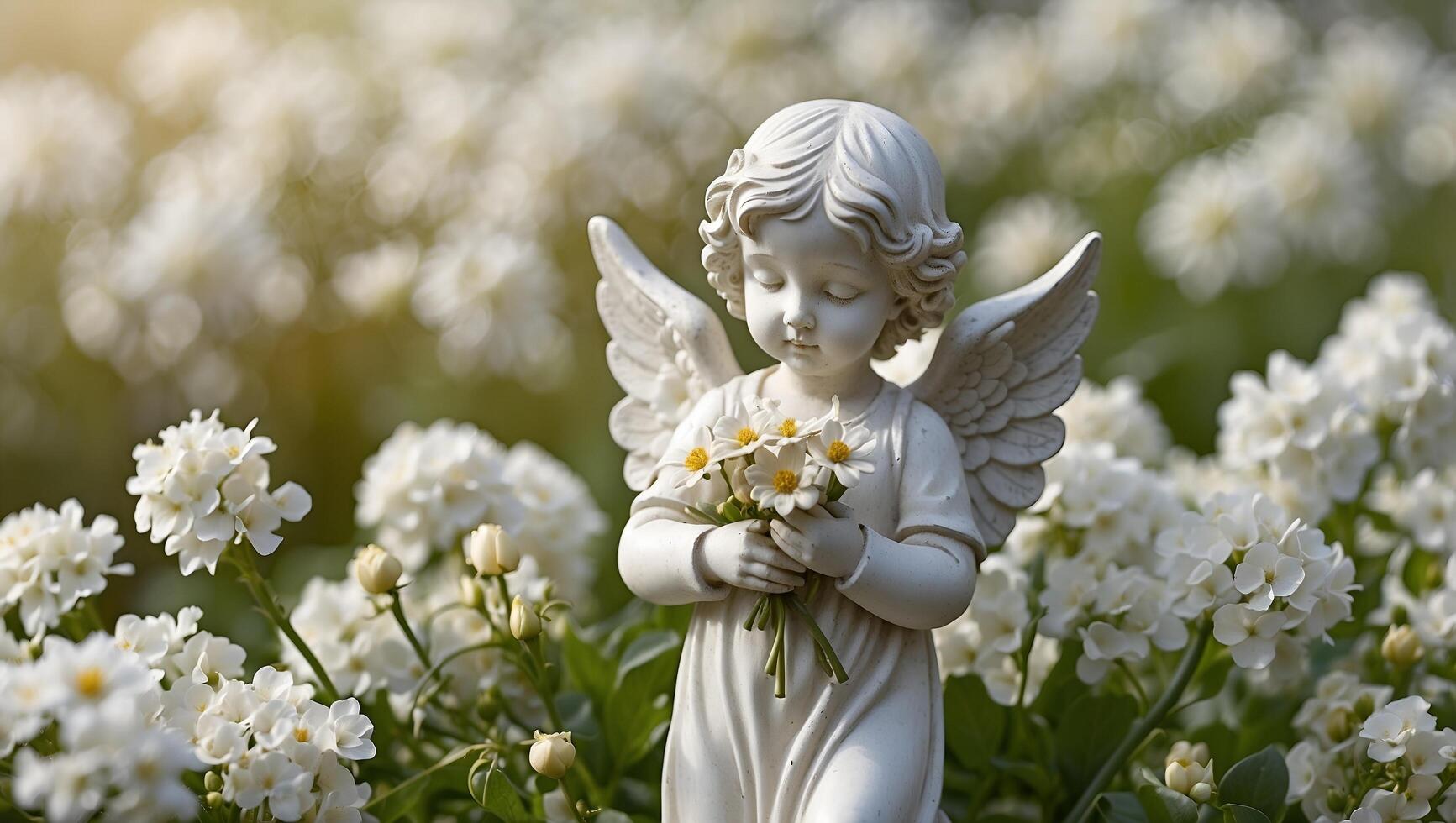An angel statue is standing in a field of white flowers photo