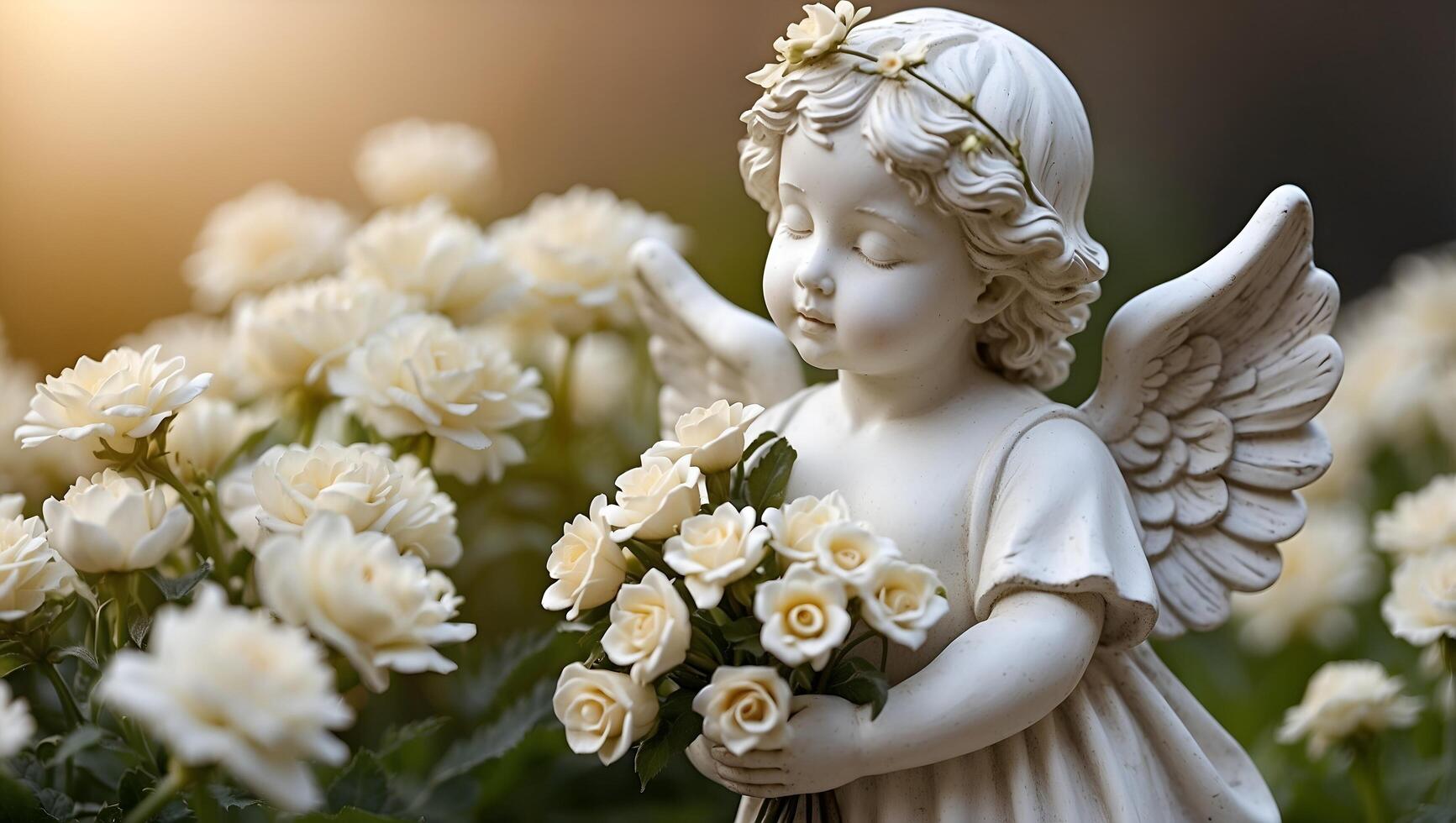 An angel statue is holding flowers in a field photo
