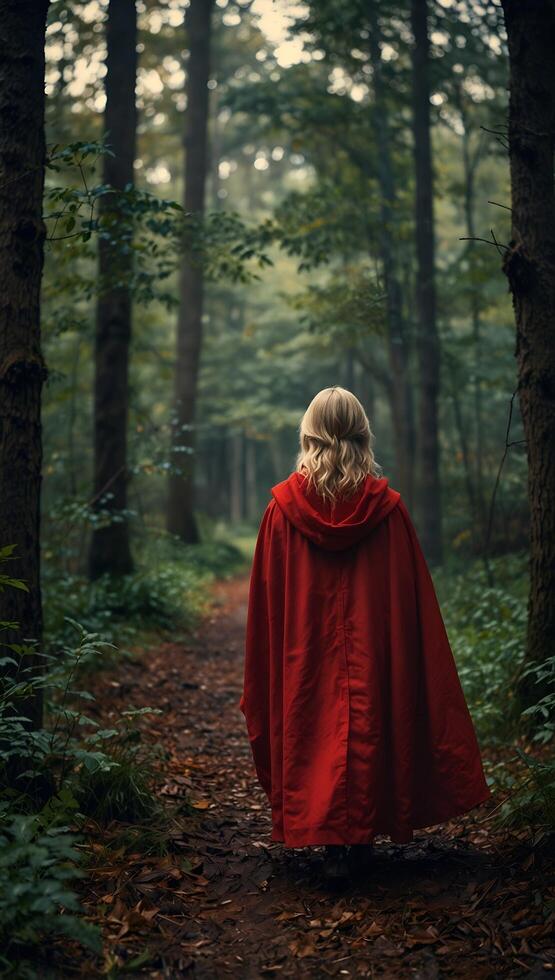 A little girl in a red cloak walking through the woods photo