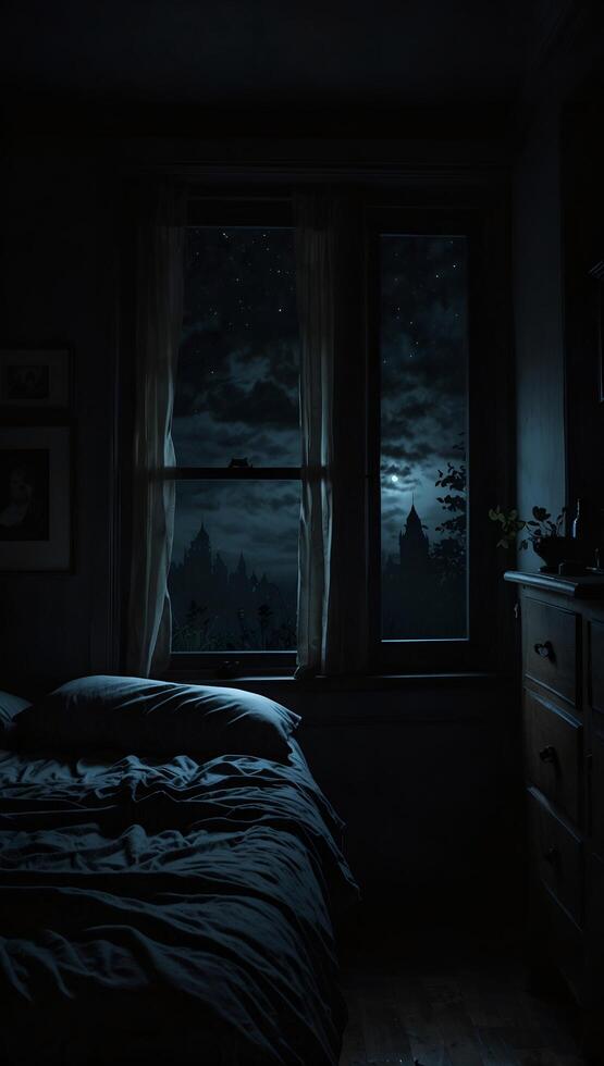 A dark bedroom with a bed and a window photo