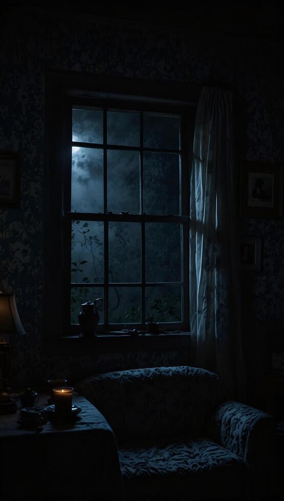 A dark room with a window and a couch photo