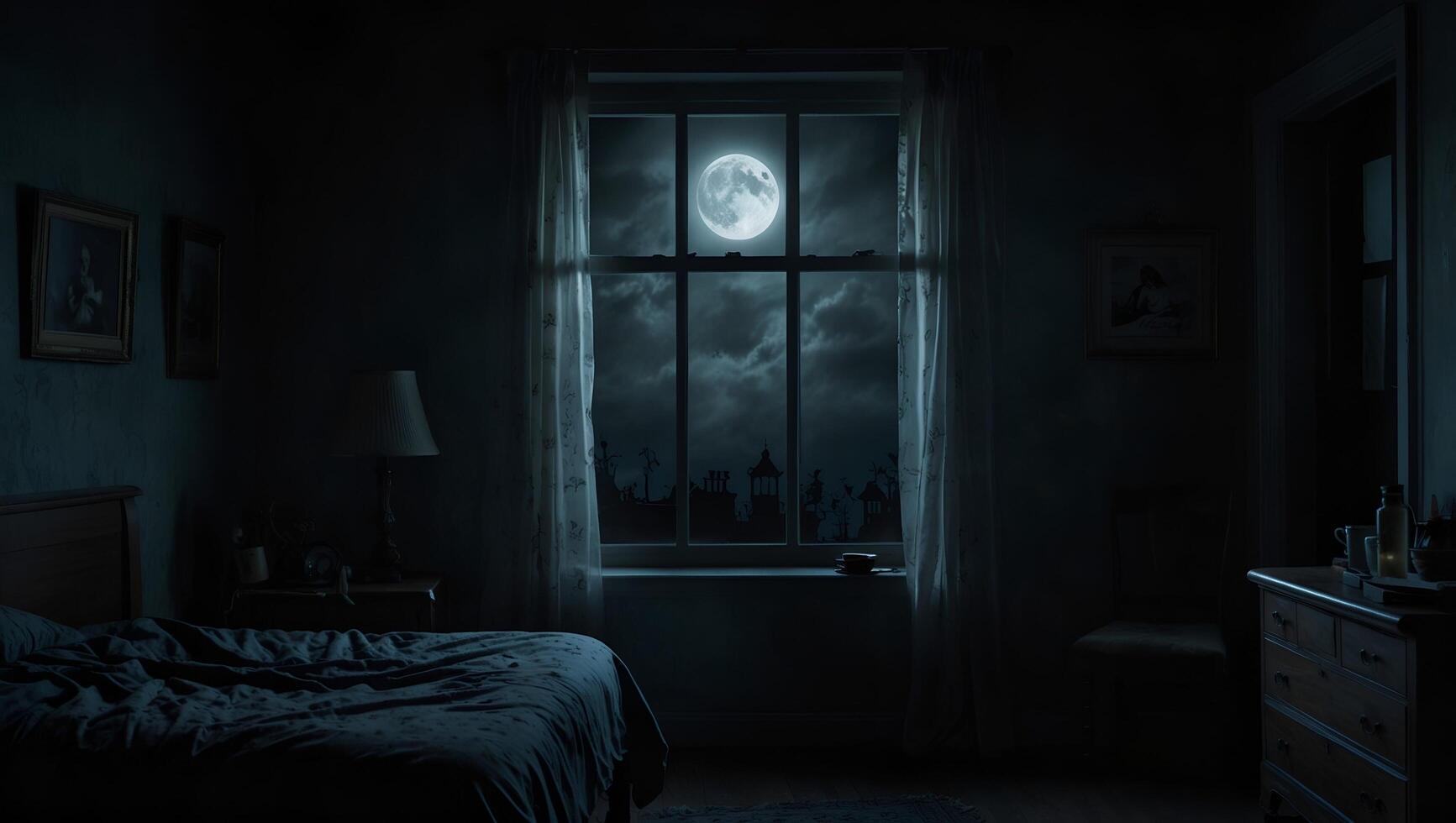 A dark room with a bed and a window with a moon photo