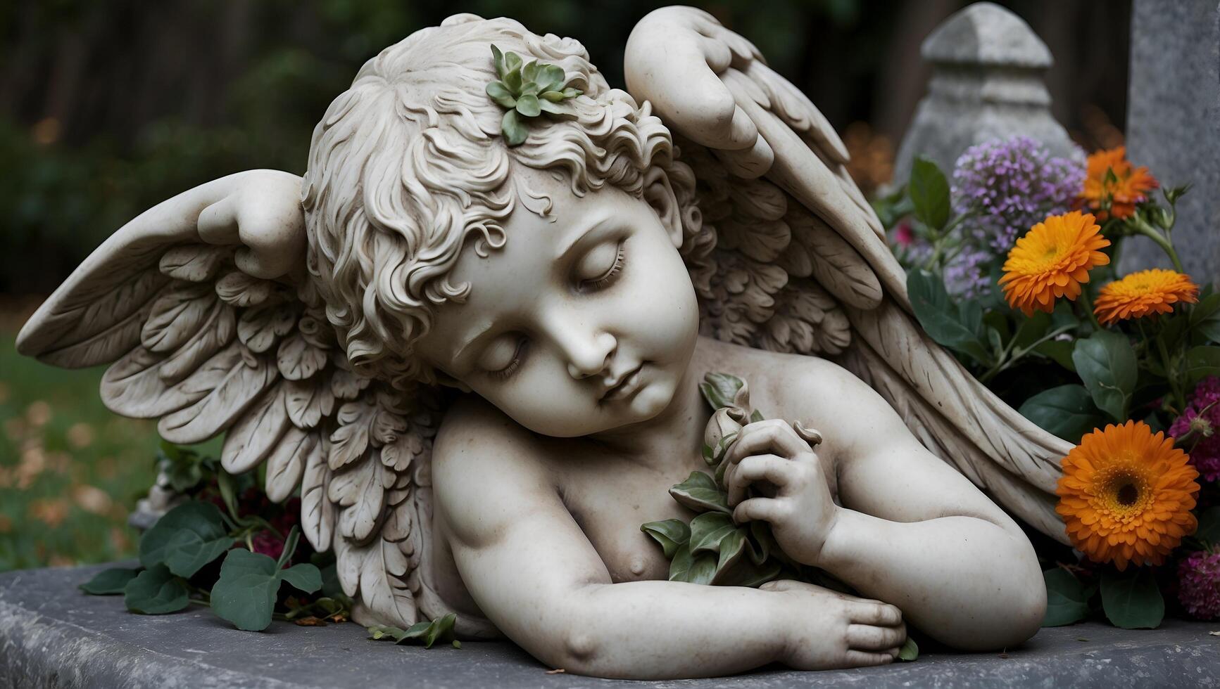 A statue of a baby angel with flowers photo