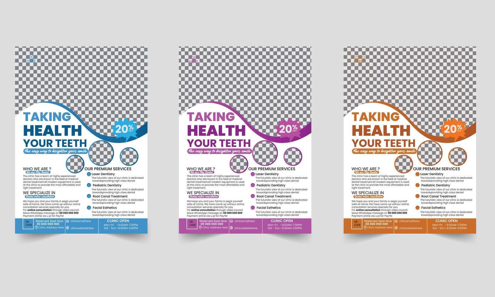 Dental flyer template design set with blue, orange, and pink color. marketing, business proposal, promotion, advertise, publication, cover page. new digital marketing flyer set. vector