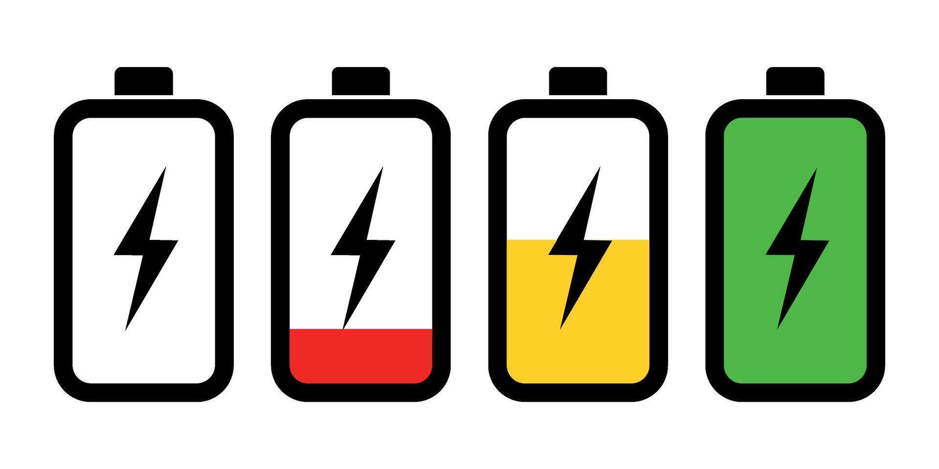 Collection of battery charge indicators with red, yellow and green energy levels vector