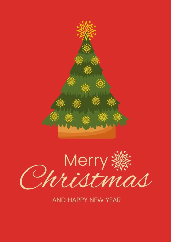 Merry Christmas and New Year greeting card on a red background. Christmas tree decorated with yellow snowflakes. vector
