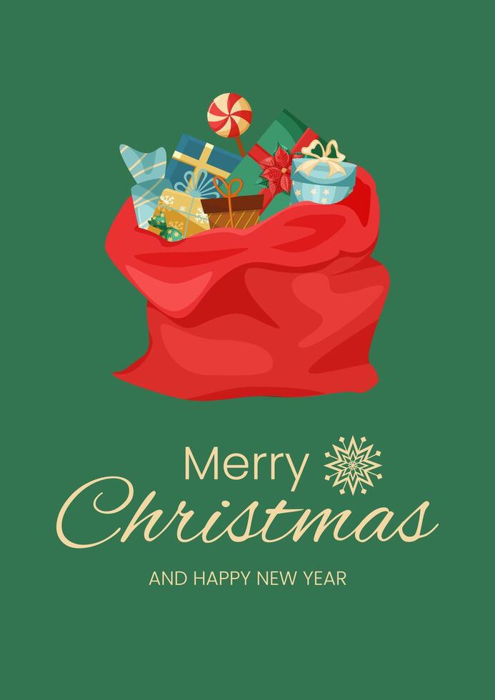 Merry Christmas card on green background. Red bag with Christmas gifts and words Merry Christmas and Happy New Year. vector