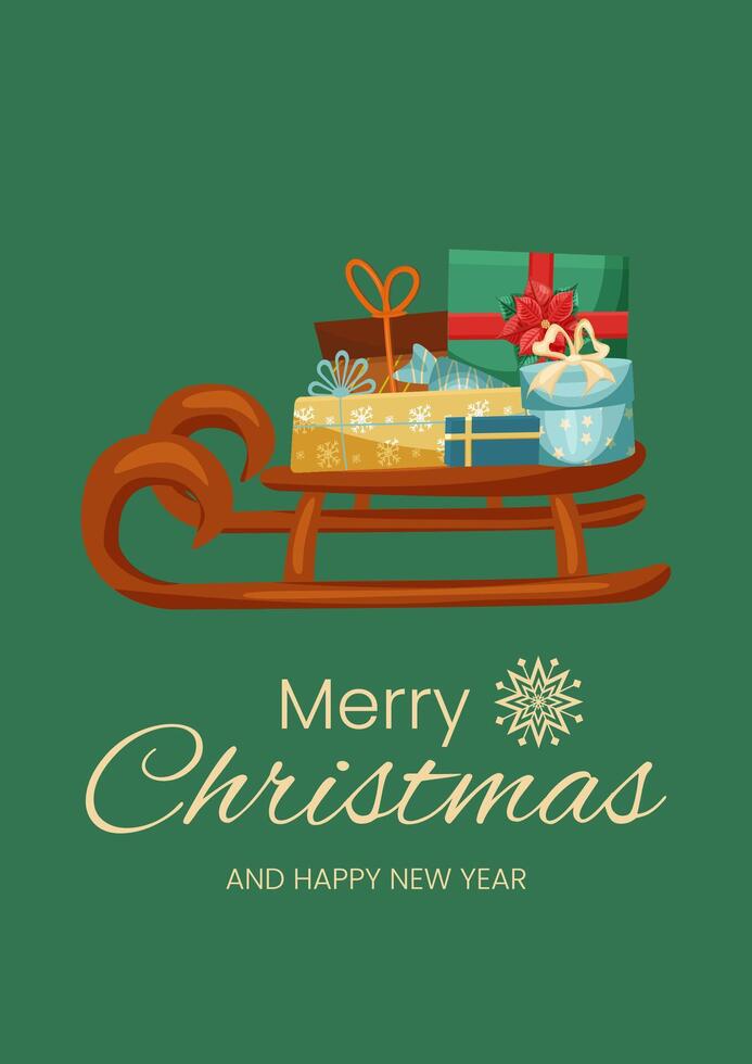 Christmas card on green background. Sleigh with gifts and words Merry Christmas and Happy New Year. vector