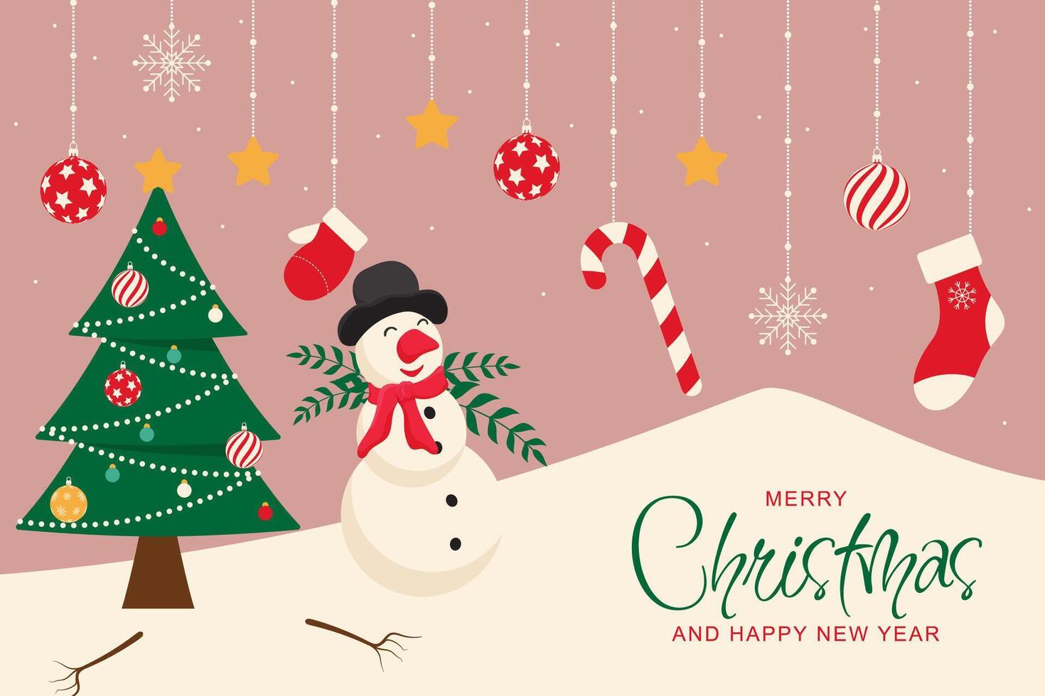 Christmas background with hanging ornaments, Christmas tree, and snowman illustration vector