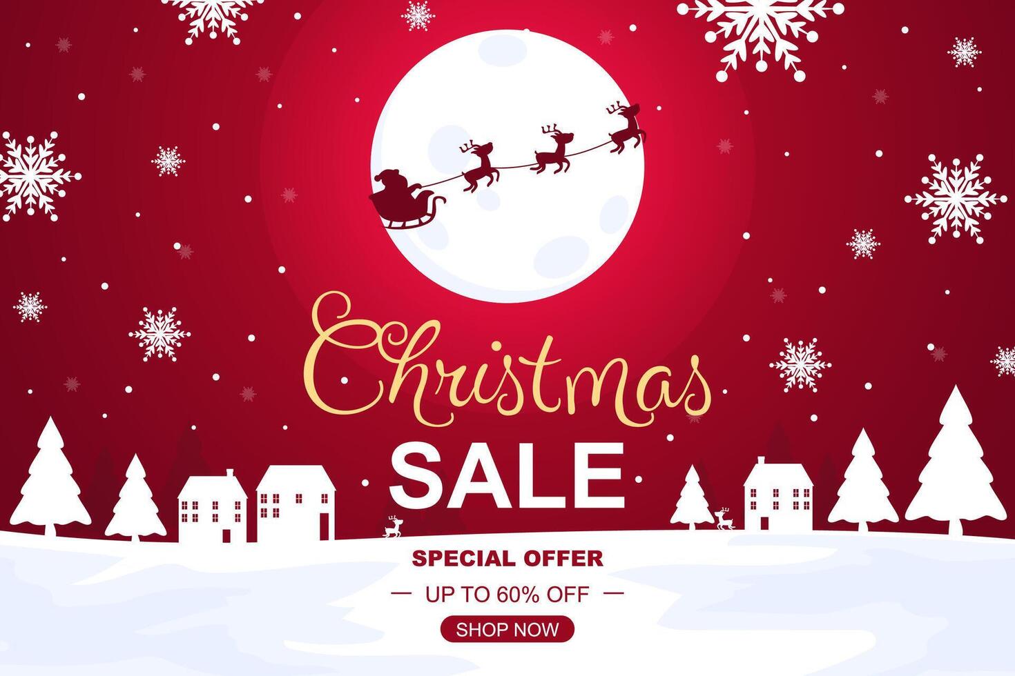 Christmas cityscape illustration with santa and reindeer sleigh for holiday sale background vector