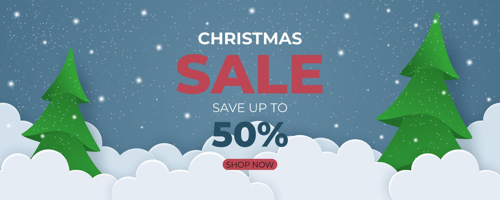 Elegant Christmas sale banner with illustration od christmas tree and clouds in papercut style vector