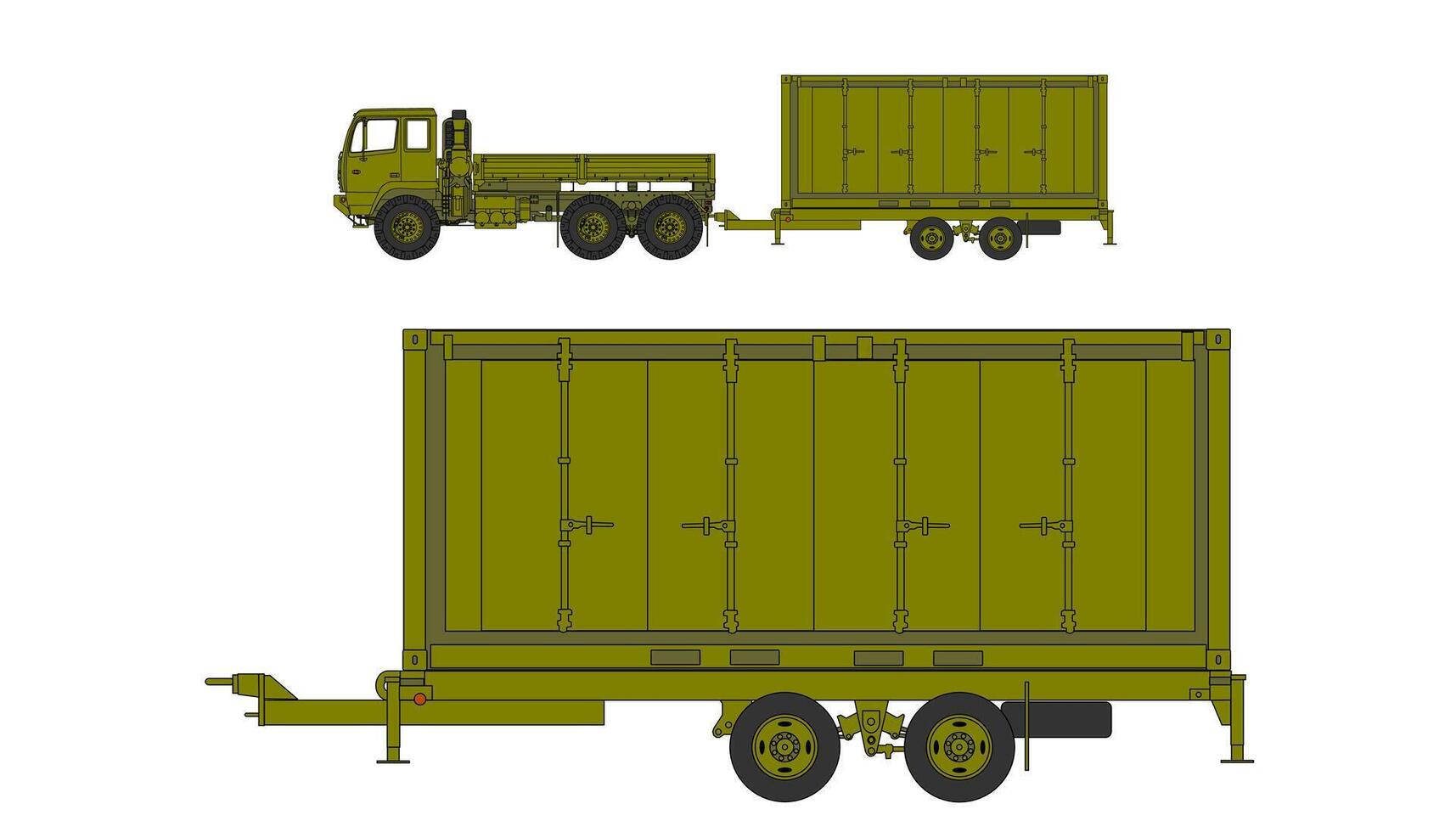 A drawing of a military truck and trailer vector