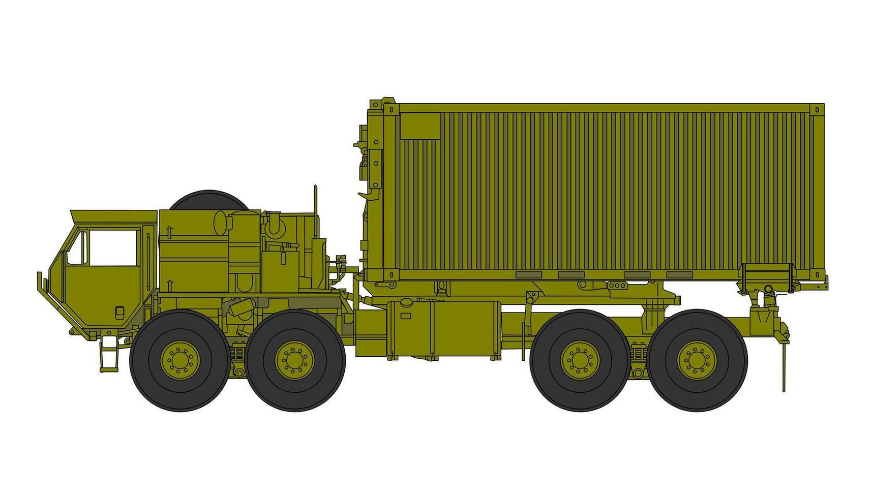 A military truck with a large trailer on a white background vector