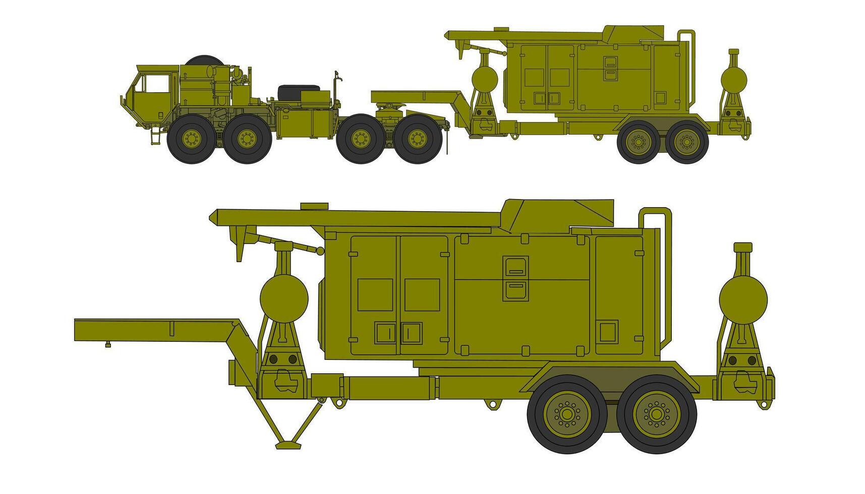 A military truck with a trailer and a large machine vector