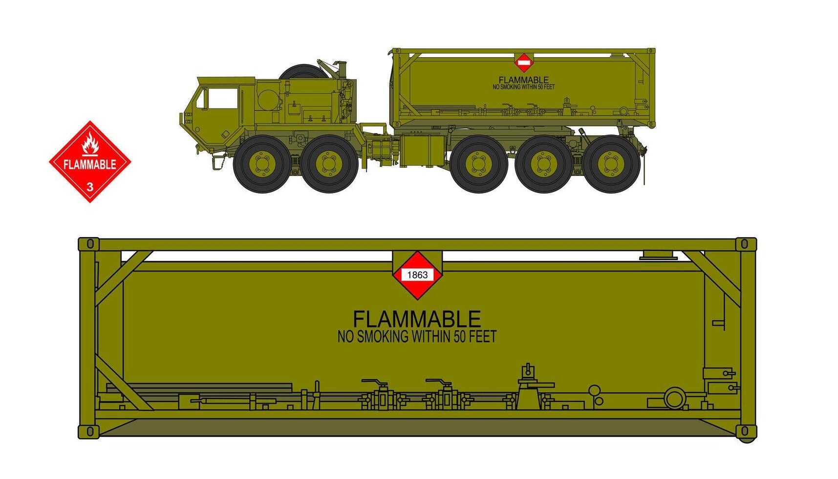 A drawing of a military truck with a large container vector