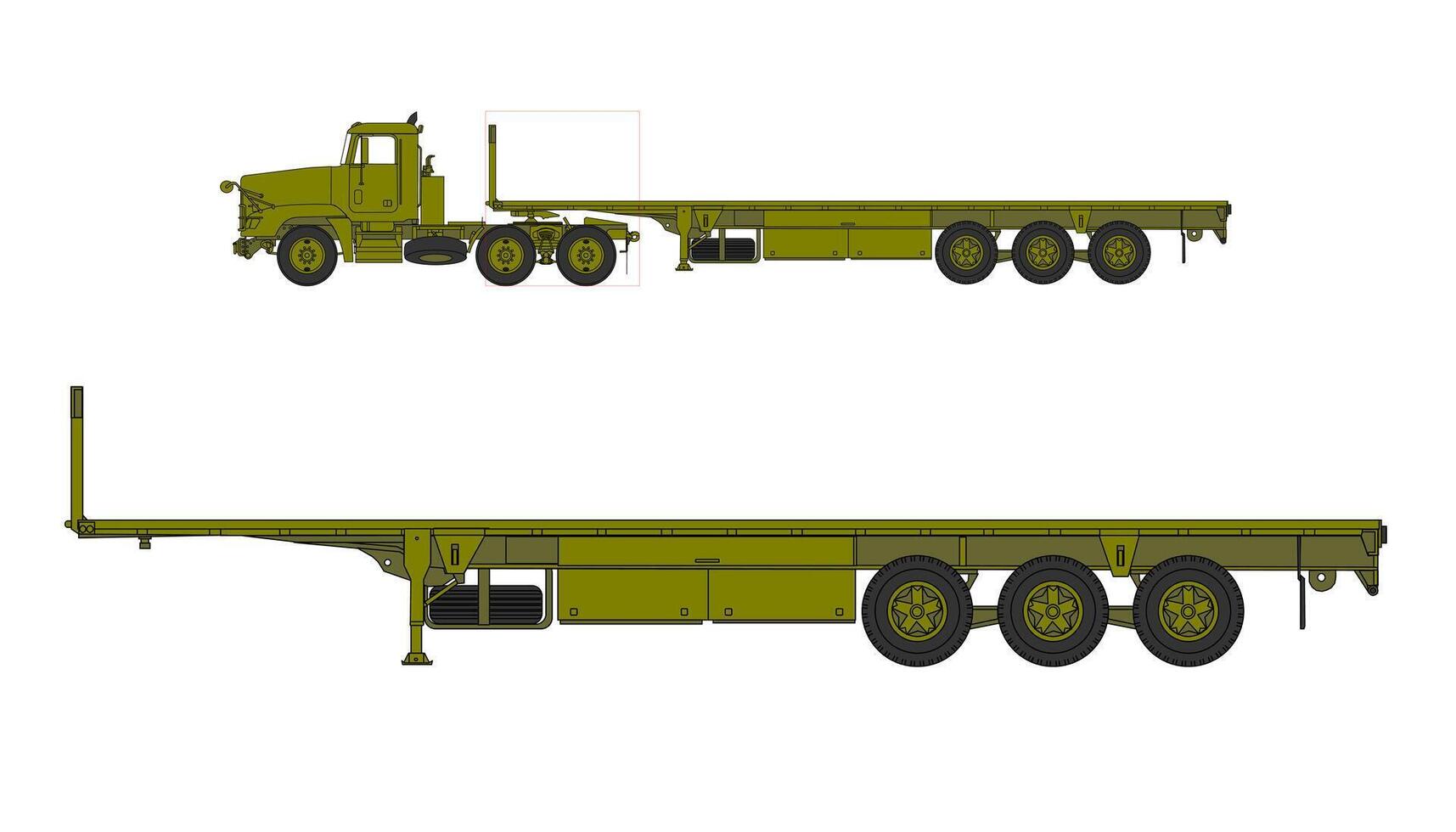 A drawing of a flatbed truck and trailer vector