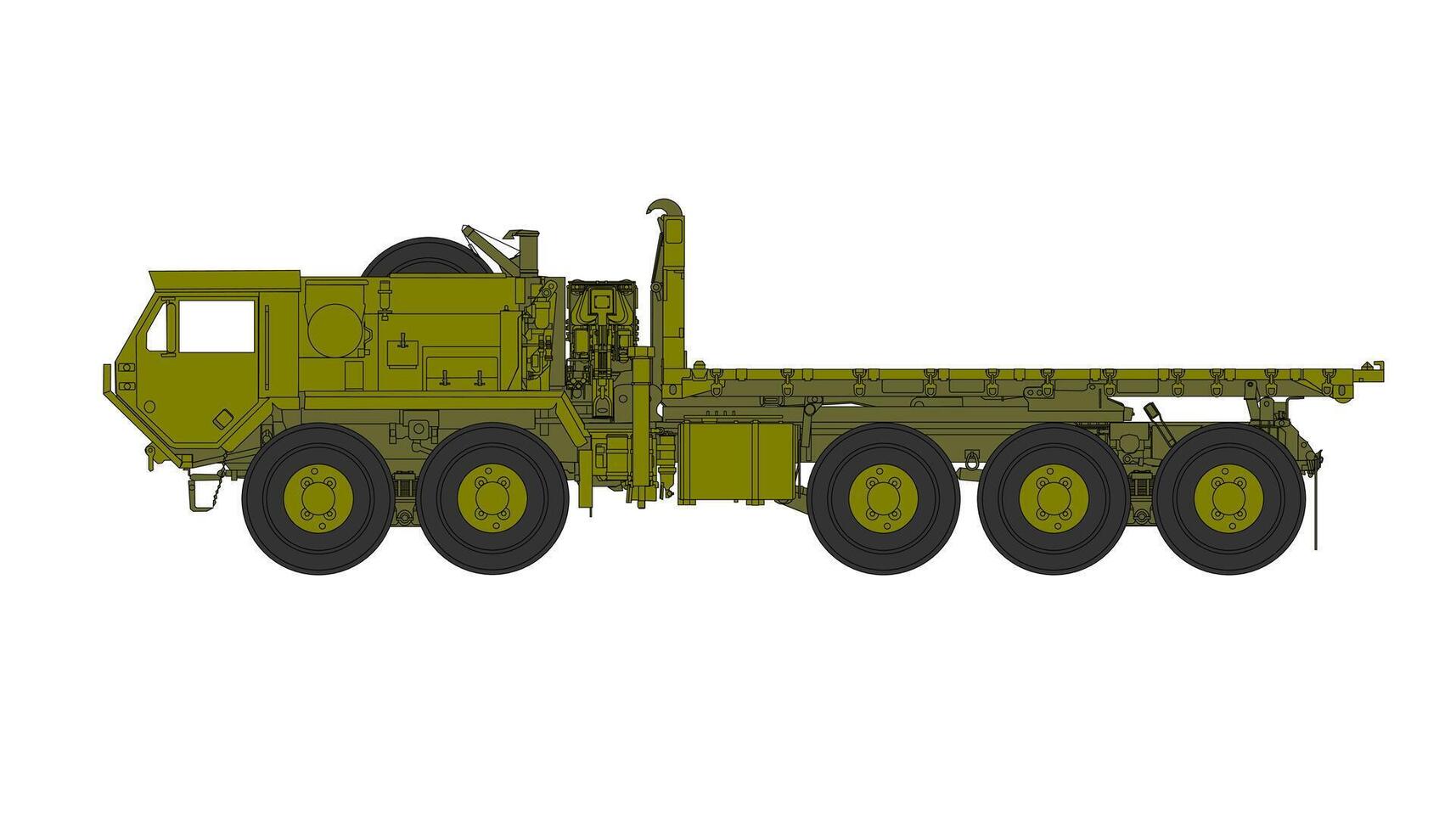 A military truck with a flat bed and a flat bed trailer vector