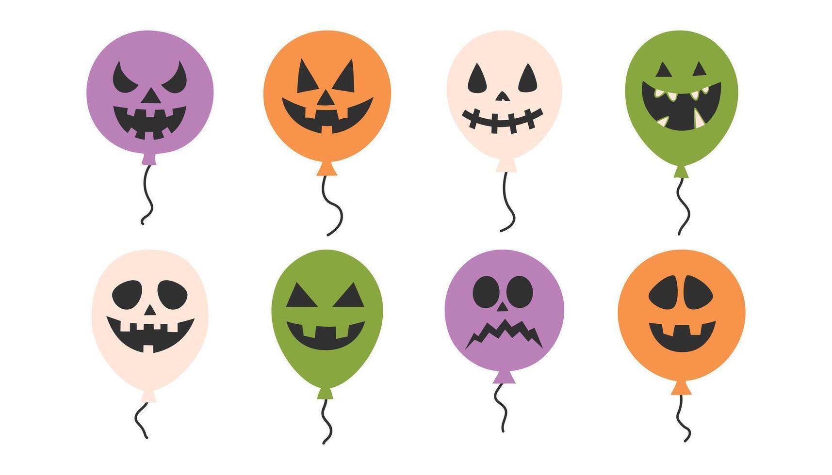 Set of Halloween balloons with funny faces. Jack o'latern faces. Flat style illustration. vector