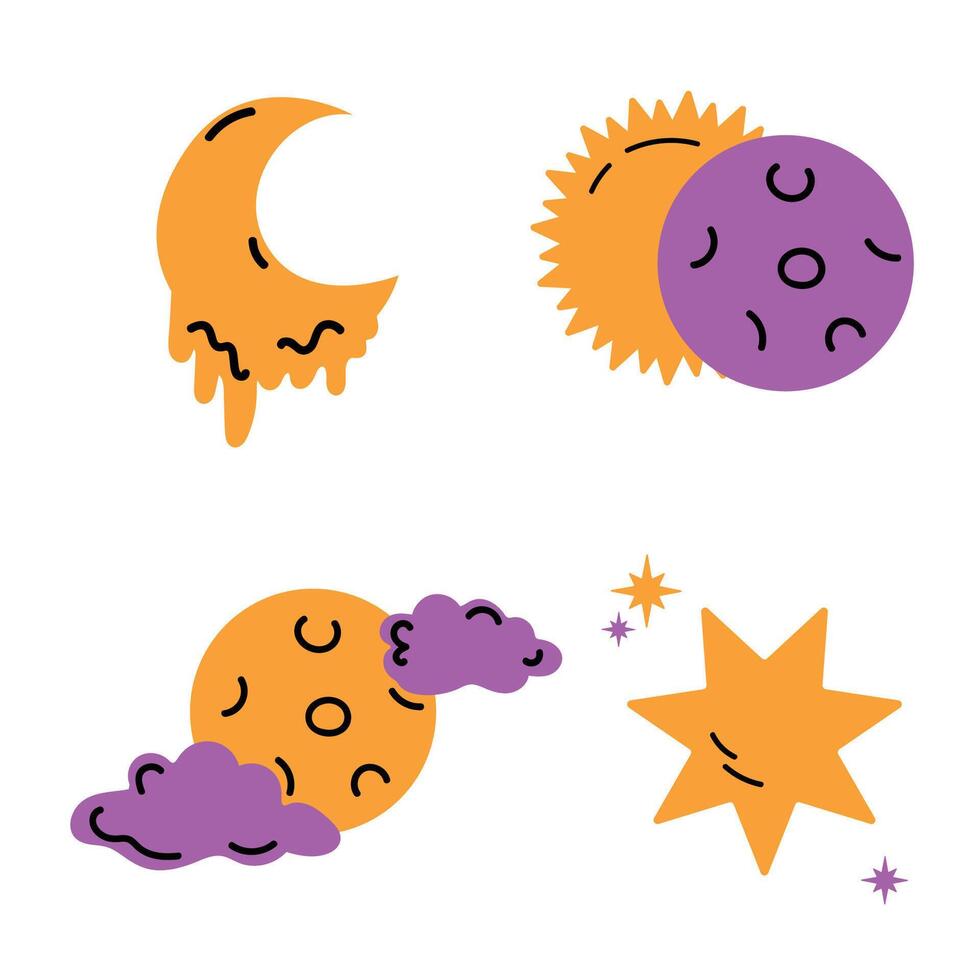 Cute hand drawn doodle moon, eclipse, sun, clouds and stars. illustration. vector