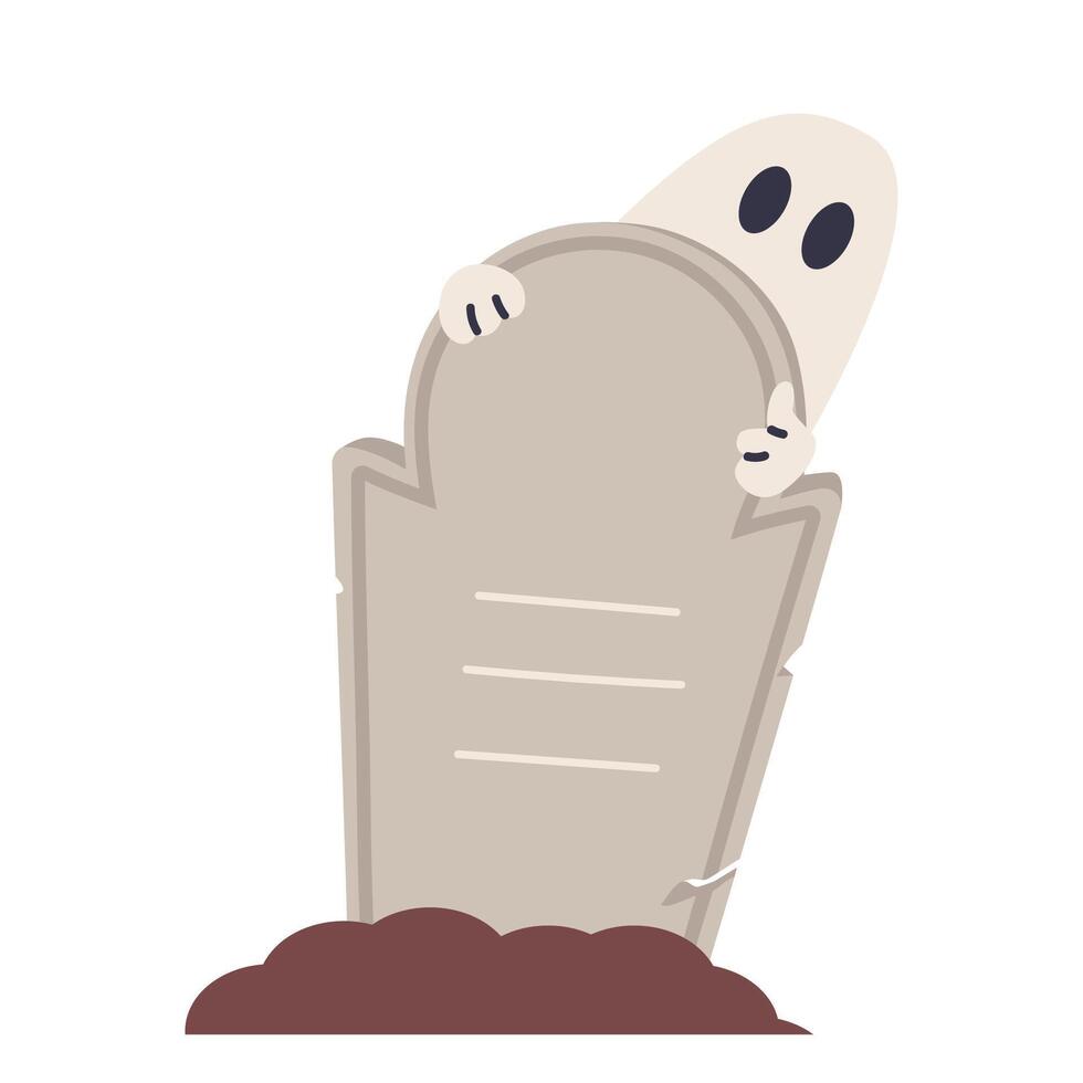 Halloween ghost with tombstone. Kawaii monster mystical drawing concept. Flat illustration isolated vector