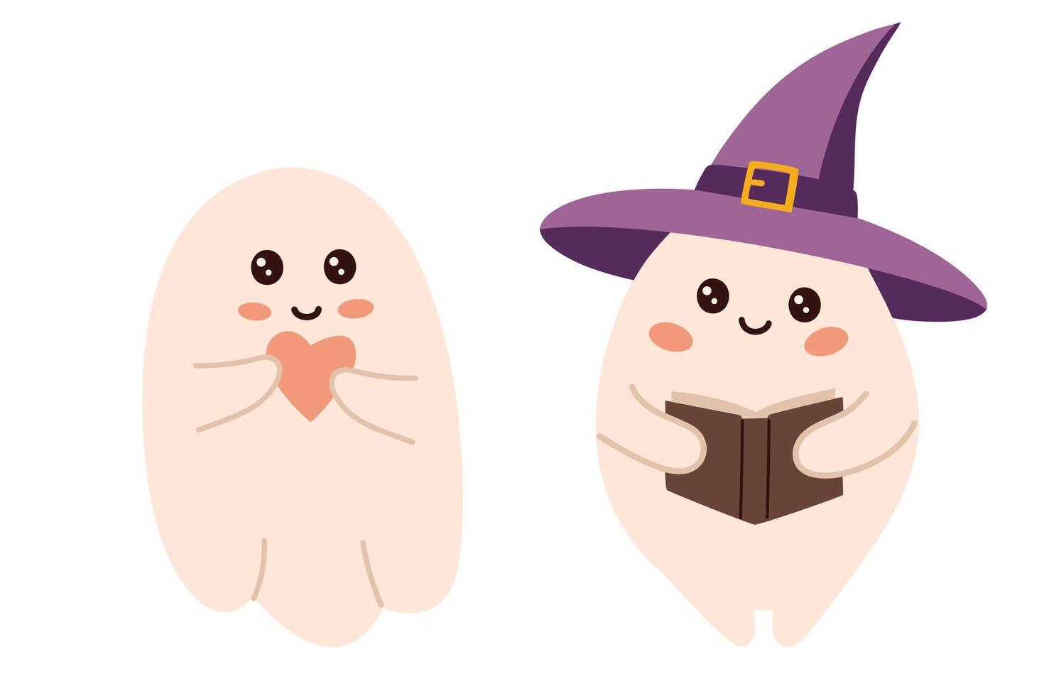 Two cute ghosts in halloween costumes with a book. illustration. vector