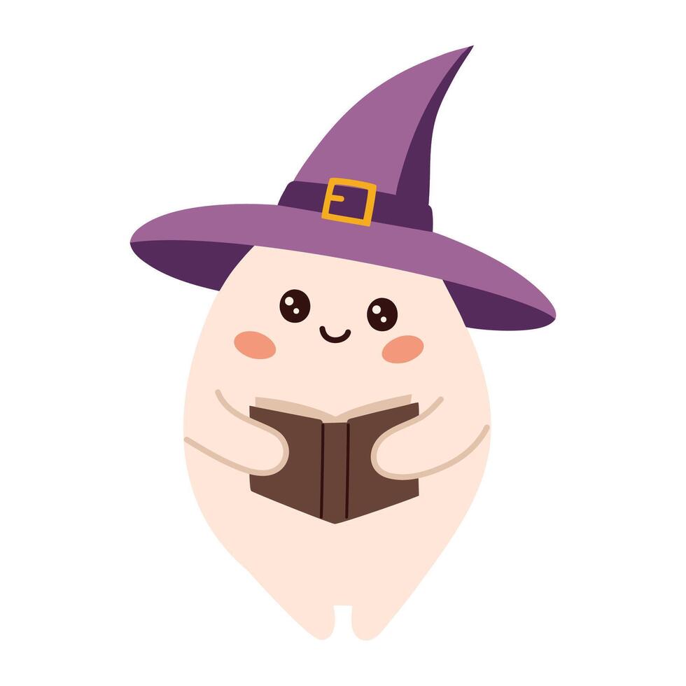 Cute kawaii ghost reading a book. Halloween illustration. vector