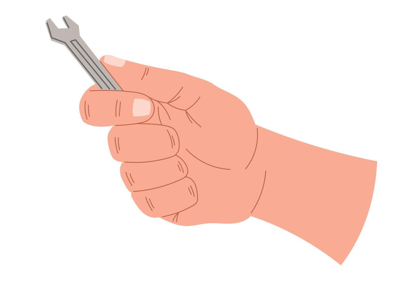 Male hand holding small metal wrench. Craftsman or repairman with working tool. isolated on white flat cartoon illustration. vector