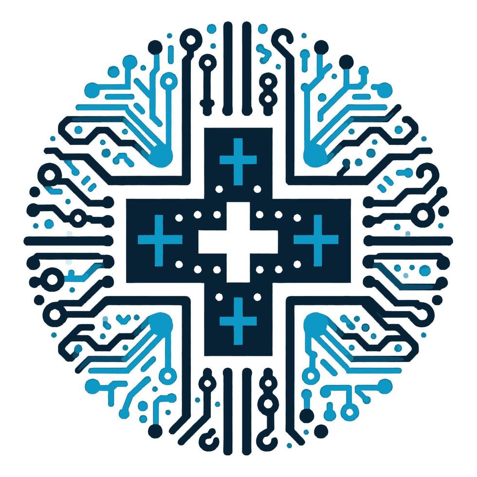 A cross on a circuit board with blue and white vector