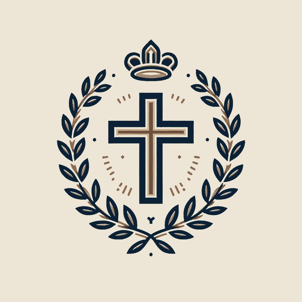 A cross with a crown and laurel wreath in the center vector