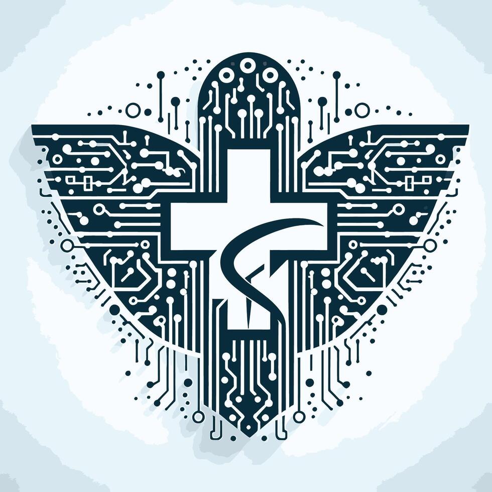 A cross and a heart with electronic circuitry vector
